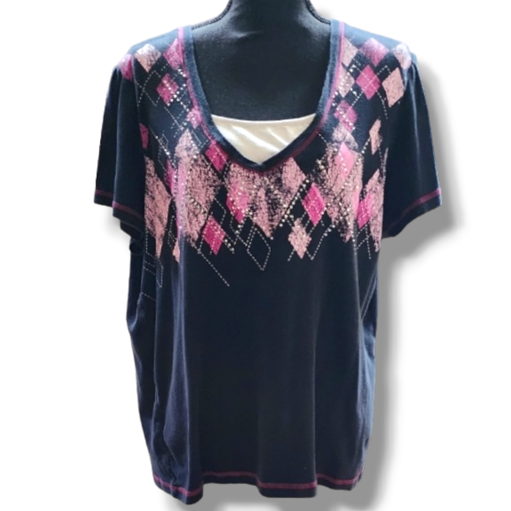 Dressbarn Short Sleeve Tee In Black & Plaid